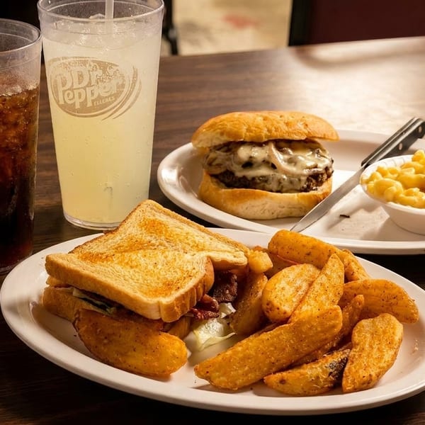 A table with a burger, mac and cheese, a sandwich, fries, and two Dr. Pepper drinks.