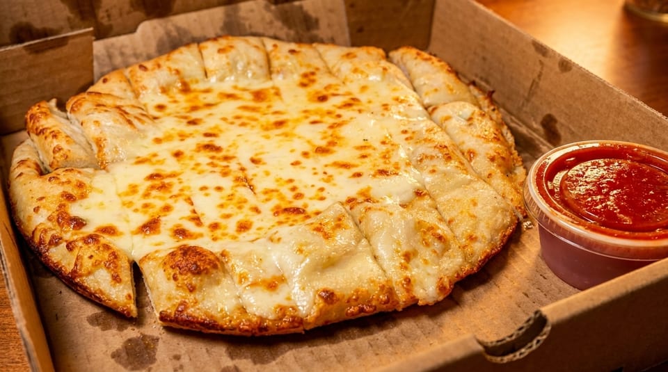 Cheesy breadsticks with melted mozzarella and a side of marinara sauce in a cardboard box.