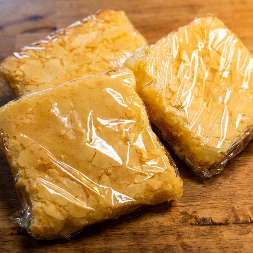 Three individually plastic-wrapped blondie bars with crinkled tops sit on a rustic wooden surface.