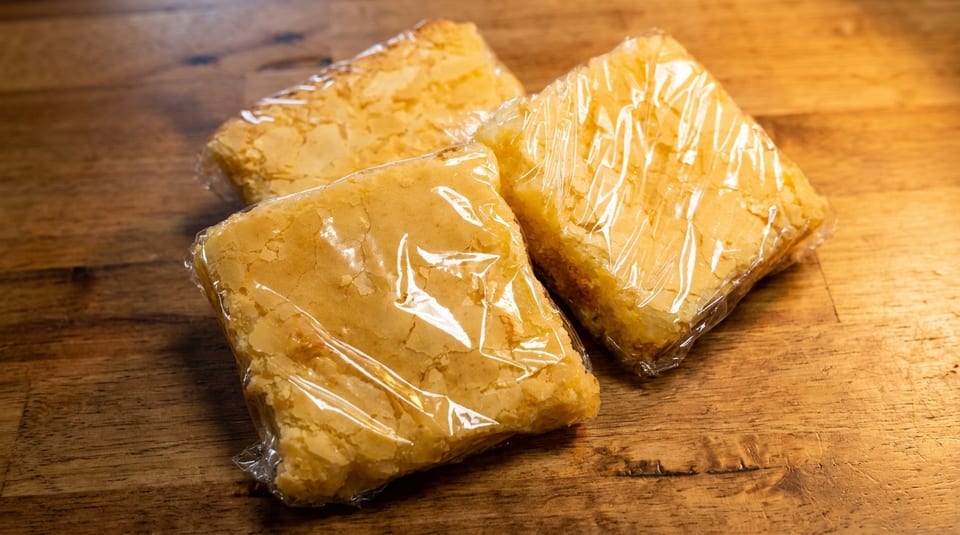 Three individually plastic-wrapped blondie bars with crinkled tops sit on a rustic wooden surface.