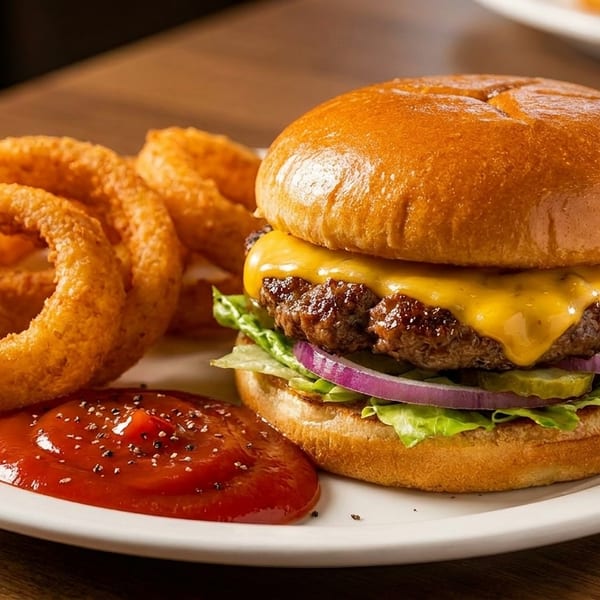 Cheeseburger with lettuce, onion, pickles, and a side of onion rings and ketchup on a white plate.