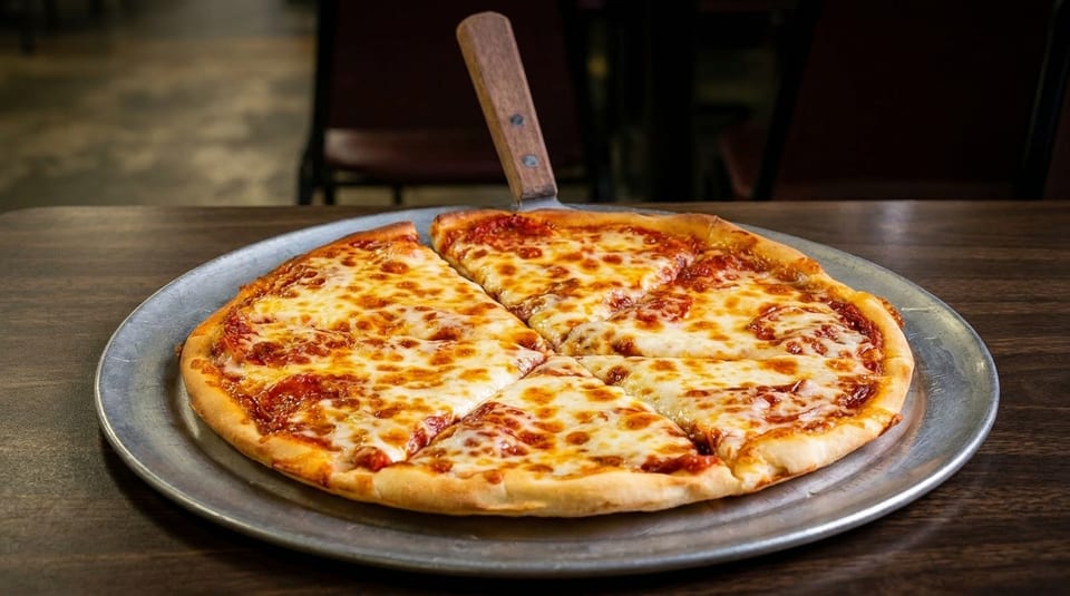 A freshly baked cheese pizza, sliced into six pieces, on a metal pan with a server.