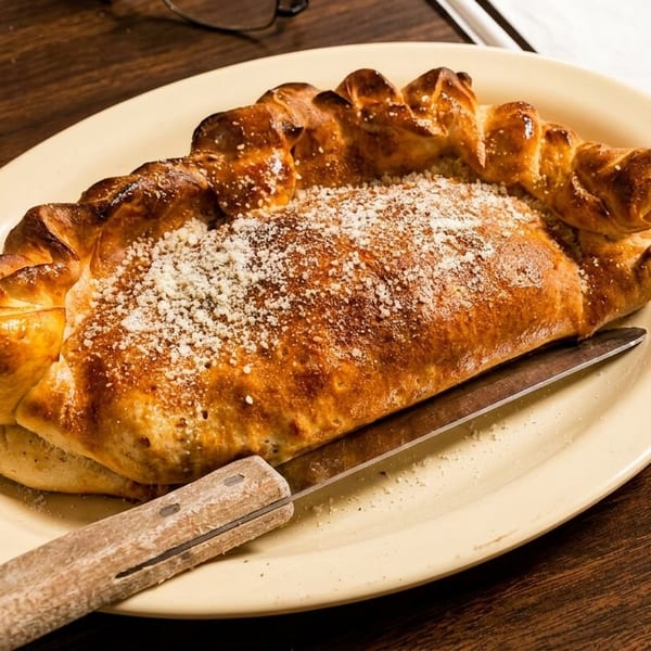 Golden-brown calzone sprinkled with parmesan cheese, served on a plate with a knife on a wooden table.