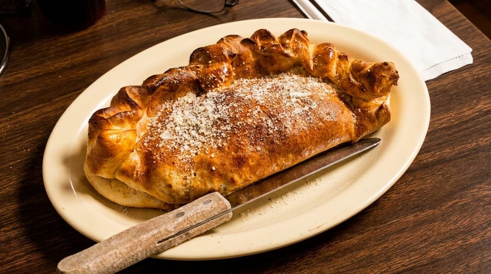 Golden-brown calzone sprinkled with Parmesan cheese, served on an oval plate with a knife.
